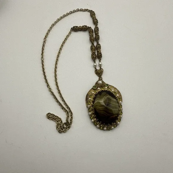 WEST GERMANY Brown Slag Glass Faux Pearl & Rhinestone Necklace Vintage Jewelry - Picture 2 of 6